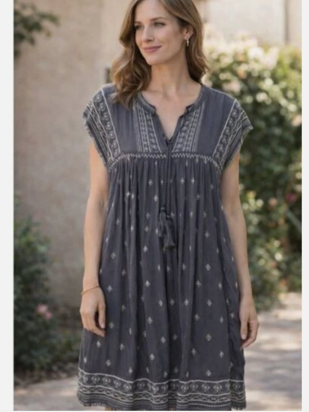 Sundance Aura Boho Gray & White Tunic Dress V-Neck Size XL